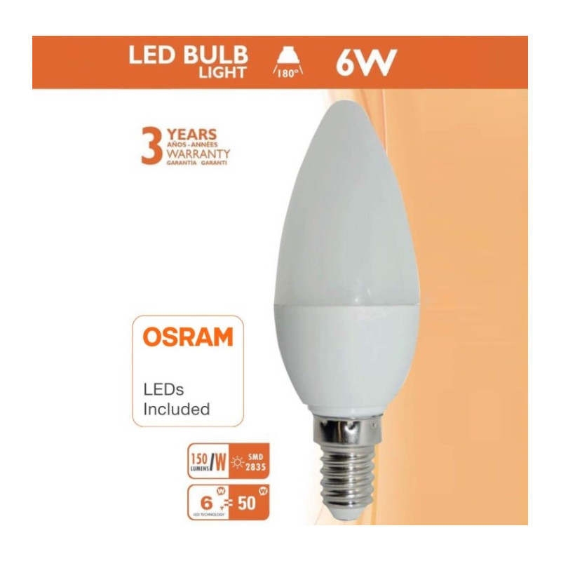 BOMBILLA 6W VELA 2700ºK BLANCA E14  CHIP OSRAM