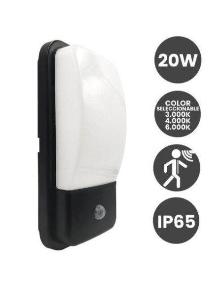 APLIQUE EXTERIOR 20W NEGRO CCT IP65 CON SENSOR 